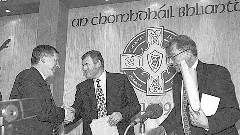 Liam Mulvihill congratulates Sean McCague following his election as President of the GAA in 1999 