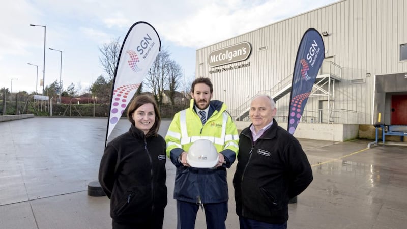 Grainne Hampton, managing director of McColgan&rsquo;s Quality Foods, Jamie Cunningham, key account manager of SGN Natural Gas, and Chris Devine, engineering manager at McColgan&rsquo;s, welcome the arrival of natural gas at the Strabane factory 