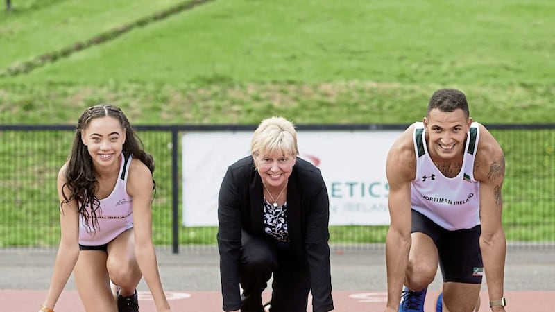 Davicia Patterson (left) and Adam McMullen (right) launch the Belfast International Athletics Meet at the Mary Peters Track with Athletics NI president, Pamela Brown 