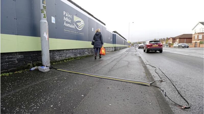 The damaged MetroCount traffic cable outside Casement Park in west Belfast. Picture by Hugh Russell 