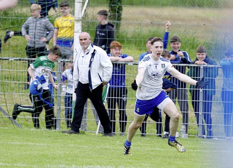 Monaghan keeper Jamie Mooney celebrates his team's shoot-out victory over Tyrone in Roslea Picture by Philip Walsh