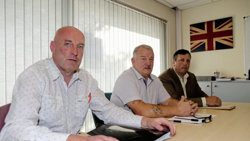 Loyalists Robin Stewart and Jim Wilson with David Campbell of the LCC who have called for the RHC to be deproscribed. Picture Stephen Davison. 