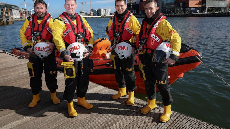 Bangor RNLI volunteers Russell McGovern, Johnny Gedge, Jack Irwin and James Gillespie at an event in Belfast to celebrate 200 years since the charity's founding.
