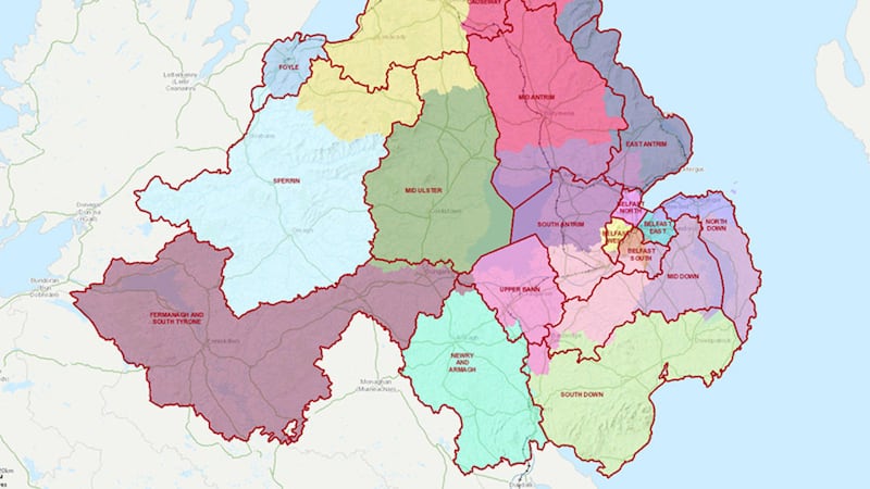 The Boundary Commission has published its final recommendations for redrawn Westminster constituencies. The map shows the existing 18 seats in colour, and the 17 redrawn constituences bounded with red lines.