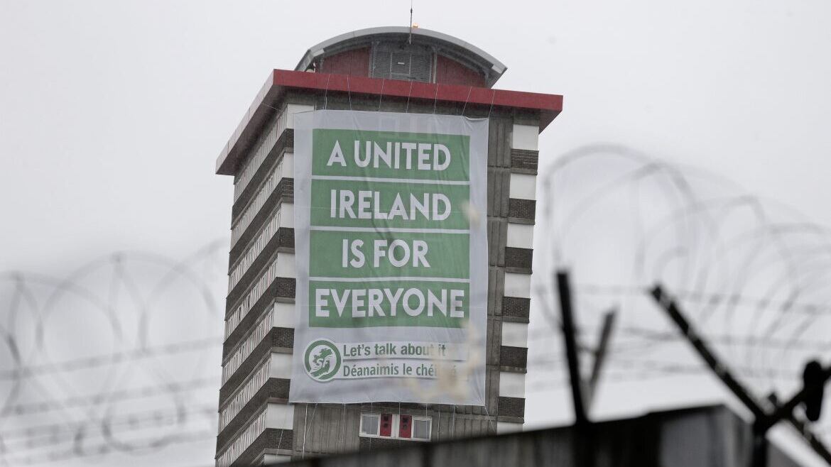 A banner on Divis Flats in west Belfast proclaims &#39;A united Ireland is for everyone&#39;. Picture by Hugh Russell 