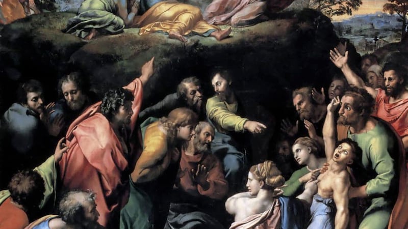 Raphael&#39;s painting of the Transfiguration of Christ is unusual in also depicting, in its lower half, a separate story from the Gospels - the Apostles attempting to free the possessed boy of his demonic possession. 