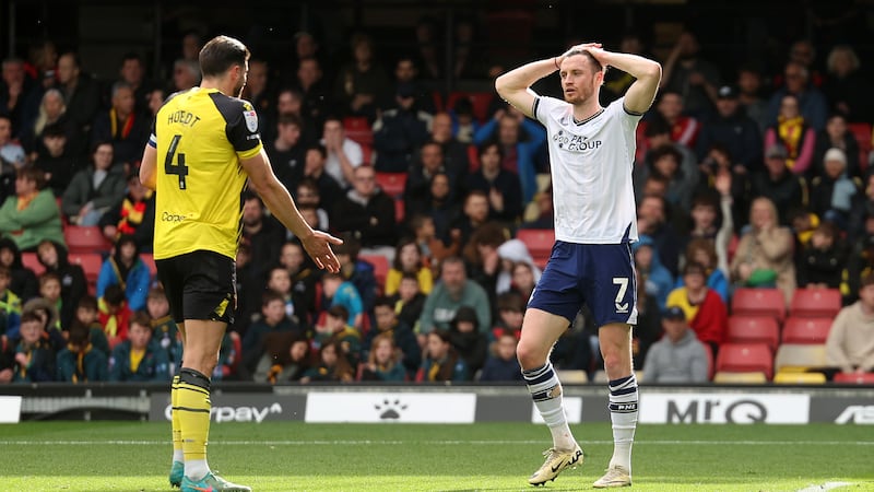 Preston North End’s Will Keane reacts to a missed opportunity during the Sky Bet Championship match at Vicarage Road, Watford. Picture date: Saturday April 6, 2024.