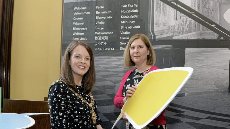 Lord Mayor of Belfast councillor Nuala McAllister launches Belfast City Council&rsquo;s Language Strategy at city hall. Also pictured is Prof Janice Carruthers from Queen&rsquo;s University Belfast. 
