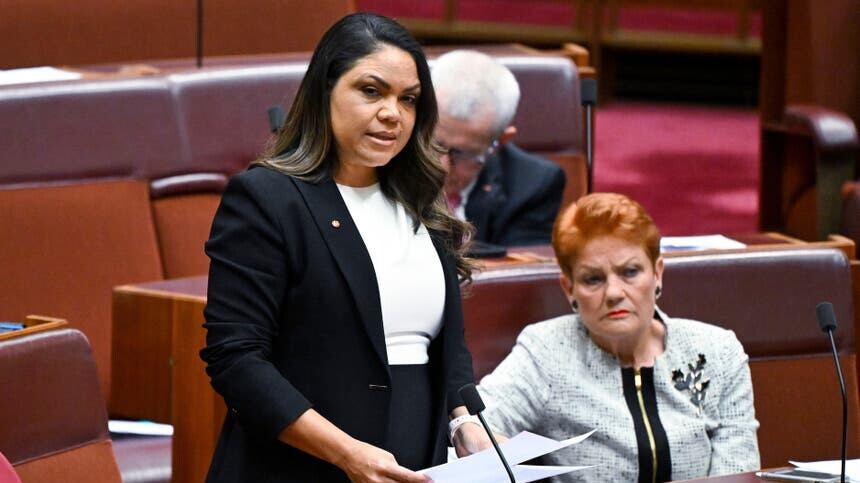 Liberal Party senator Jacinta Nampijinpa Price speaks during the debate on the Voice to Parliament (Lukas Coch/AAP/AP)