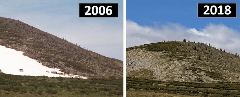 Image of a persistent snow and ice patch in Mengebulag taken in 2006, showing domestic reindeer using the patch, and (right); the same patch in 2018, which local residents indicated had melted for the very first time.