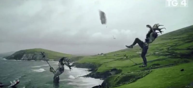 The TG4 clip showed a giant kicking the caravan into the sea
