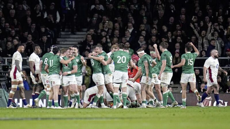 Ireland players celebrate after Finlay Bealham scores their fifth try during the Guinness Six Nations match at Twickenham Stadium Picture date: PA 