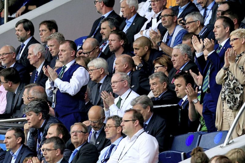 Martin McGuinness (centre) in the stands during the UEFA Euro 2016 match between Northern Ireland and Germany