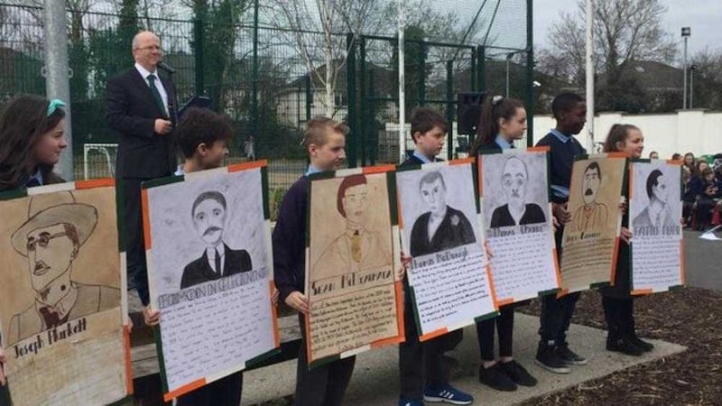 Pupils from the Mary Mother of Hope School in Dublin taking part in Proclamation Day 