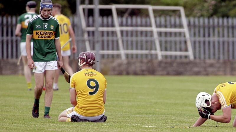 Eoghan Campbell (number nine) says the Antrim players need to focus on competing for 70 minutes after almost suffering relegation from the Joe McDonagh Cup this season Picture: Seamus Loughran 