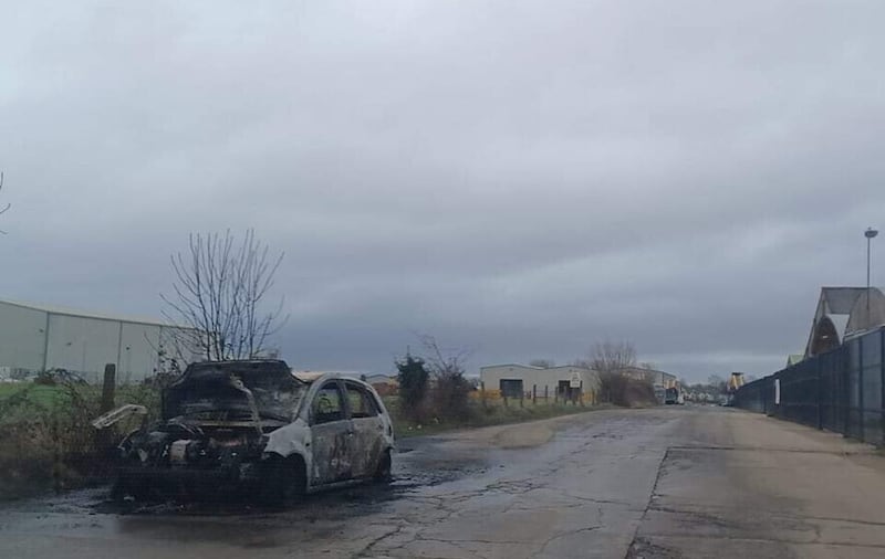 The first picture, taken locally, of a Ford Fiesta car found burn out in Ardboe, Co Tyrone, in February which was reported in The Irish News