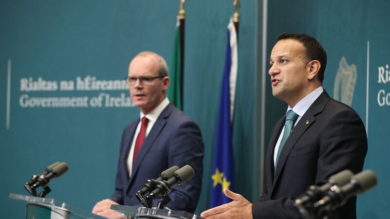 T&aacute;naiste Simon Coveney (left) and Taoiseach Leo Varadkar speak at a press conference on Brexit at Government Buildings in Dublin&nbsp;
