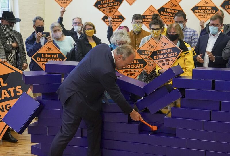 Sir Ed Davey celebrates the Lib Dems’ victory in the Chesham & Amersham by-election with a stunt at Chesham Youth Centre, Buckinghamshire