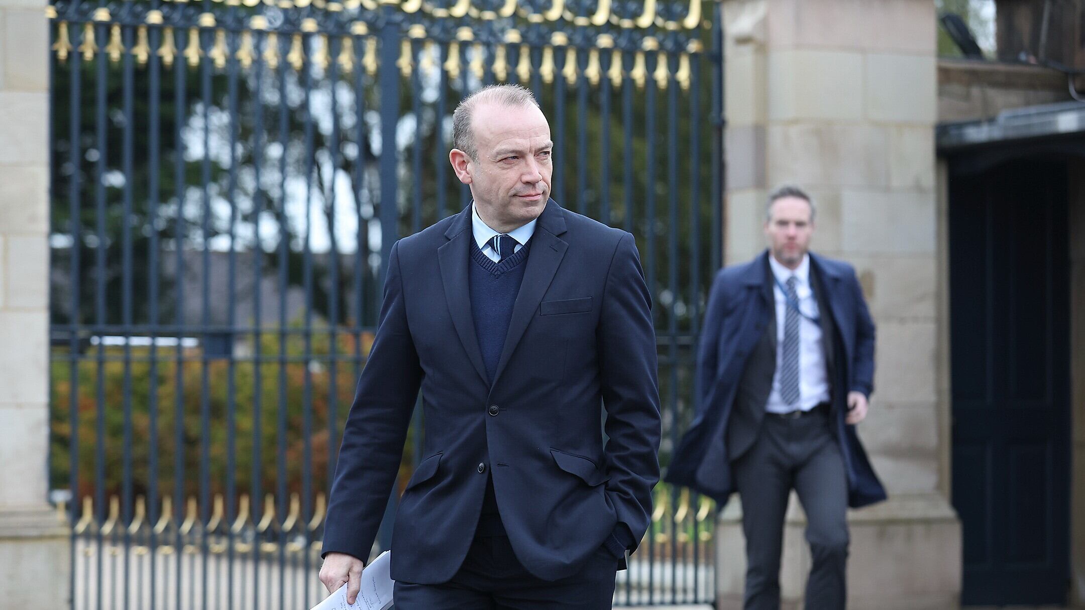 Secretary of State Chris Heaton-Harris on the way out to talk to the media after meeting with parties about a Stormont budget. Picture by Hugh Russell