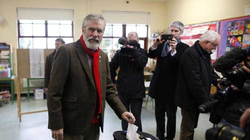Sinn F&eacute;in leader Gerry Adams casts his vote at Dulargy National School in Ravensdale, Co Louth.  Picture by Press Association              