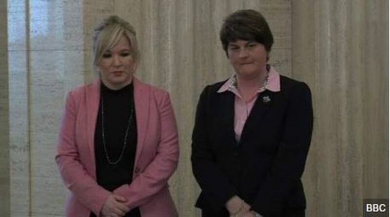 Sinn F&eacute;in's Michelle O'Neill and the DUP leader Arlene Foster stand side by side but will they be abe to get the institutions up and running again?