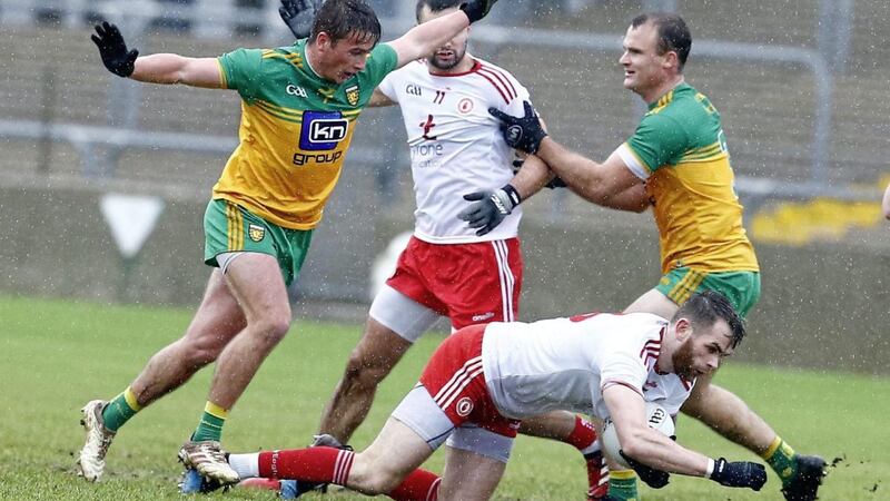 The man-marking methods deployed against Conor McKenna (background) were Tyrone manager Mickey Harte&rsquo;s main area of complaint.<br /> Pic Philip Walsh