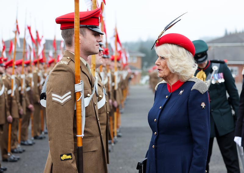 Queen Camilla inspects some of the 152 Lancers on parade during her visit to The Royal Lancers regiment at Munster Barracks, Catterick Garrison, North Yorkshire