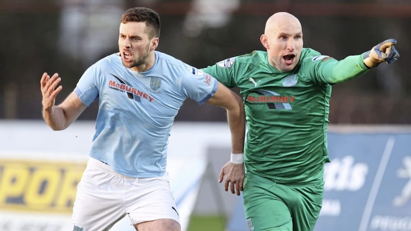 Former Crusaders goalkeeper Sean O'Neill (right) is hoping that current club Ballymena United can reverse last year's Irish Cup final defeat to the Crues
