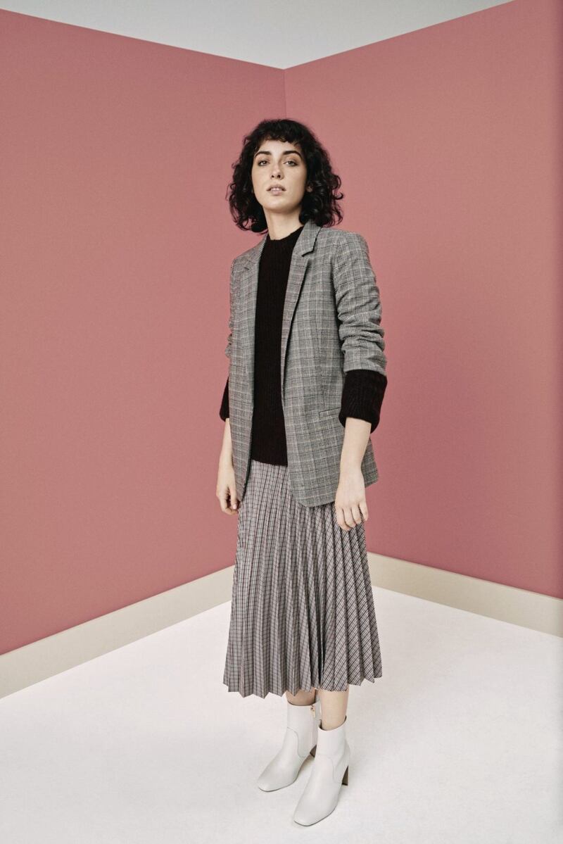 Oasis Checked Blazer, &pound;60; Boat Neck Knit Jumper, &pound;36; Check Pleated Midi Skirt, &pound;46; Mabel Ankle Boots, &pound;45, all Oasis 