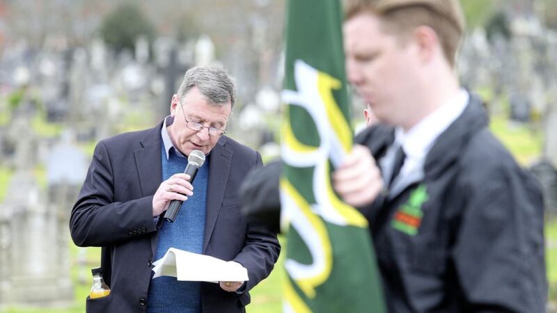 Breand&aacute;n Mac Cionnaith, national vice-chairperson of &eacute;ir&iacute;g&iacute;, addresses the party&#39;s Easter commemoration in Milltown Cemetery. Picture by Mal McCann 