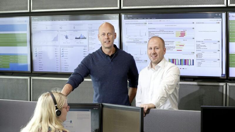 Novosco managing director John Lennon with Peter Moorhead, information security architect, in the company&rsquo;s new security operations centre in Belfast 