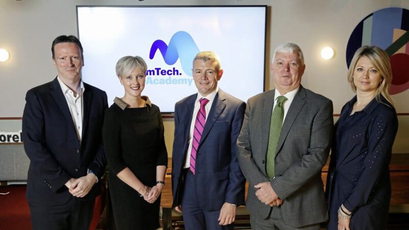 Michael O&rsquo;Hara, co-founder of mTech.Academy and chief marketing officer of GSMA; Lynne Rainey, PwC NI student recruitment partner ; Patrick Gallen, partner, Grant Thornton; Tommy O&#39;Reilly, deputy permanent secretary at the Department of Education and Diane Morrow, co-founder of mTech.Academy 