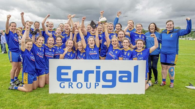 Steelstown Brian Óg's players celebrate after their win over Ballymaguigan in the Derry Senior Ladies' Football Championship final at Glen      Picture: Cathal McOscar 