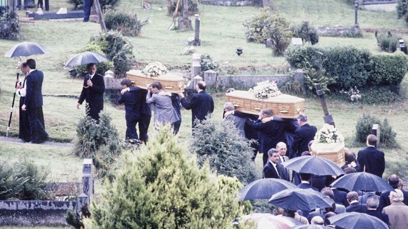 The coffins of the three members of the Hanna family were carried in single file to the cemetery in Hillsborough for burial. Picture by Pacemaker 