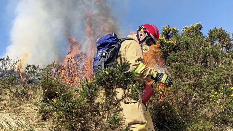 A firefighter with a knapsack spay device tackles flames at Bloody Bridge in the Mourne Mountains yesterday. Picture: NIFRS 