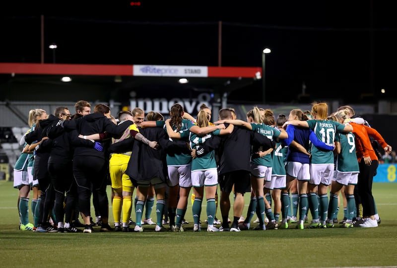 Northern Ireland players and staff huddle together on the pitch at the end of the UEFA Women's Nations League Group B1 match against Albania at Seaview, Belfast. Picture by Liam McBurney/PA