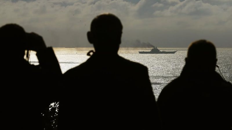 The Russian aircraft carrier the Admiral Kuznetsov passes through the Dover Straits on the way to Syria on Friday. Picture by Gareth Fuller, Press Association 