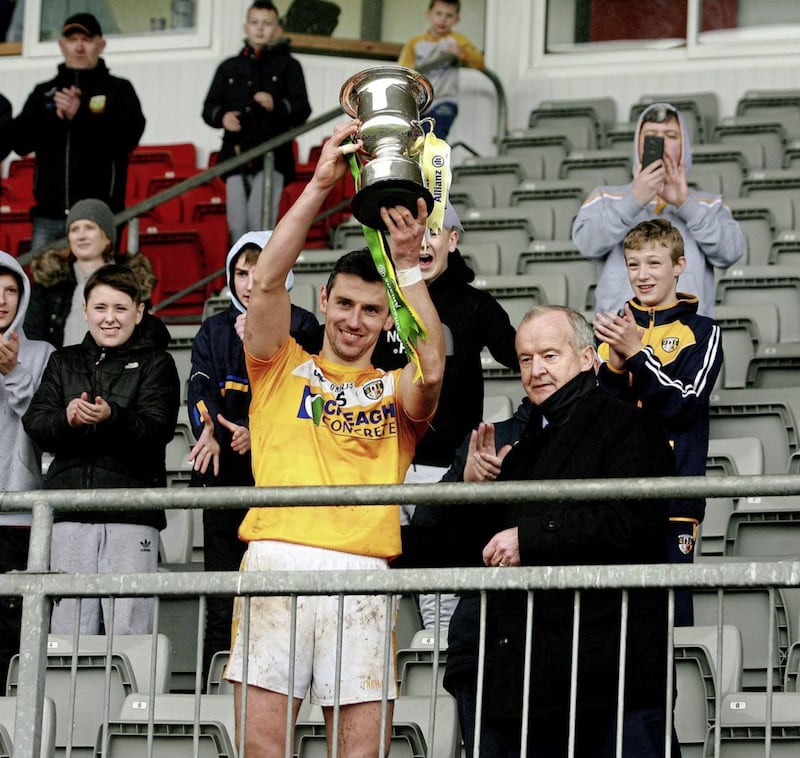1/4/2017 Antrims captain simon mc crory lifts the Allianz League Cup on Saturday at Pauric Esler after his team beat Carlow in the final  pic Seamus Loughran 