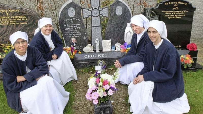 Sisters Bernadette, Ruth Maria, Michelle and Karen from the Home of The Mother Order visiting the grave of Sister Clare Crockett in Derry City Cemetery during their visit to Derry for the first anniversary of Sr Clare&#39;s death. Picture by Margaret McLaughlin 
