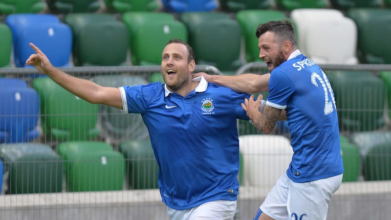 Linfield's Guy Bates celebrates his goal at Windsor Park on Thursday night<br/>Picture: Pacemaker&nbsp;