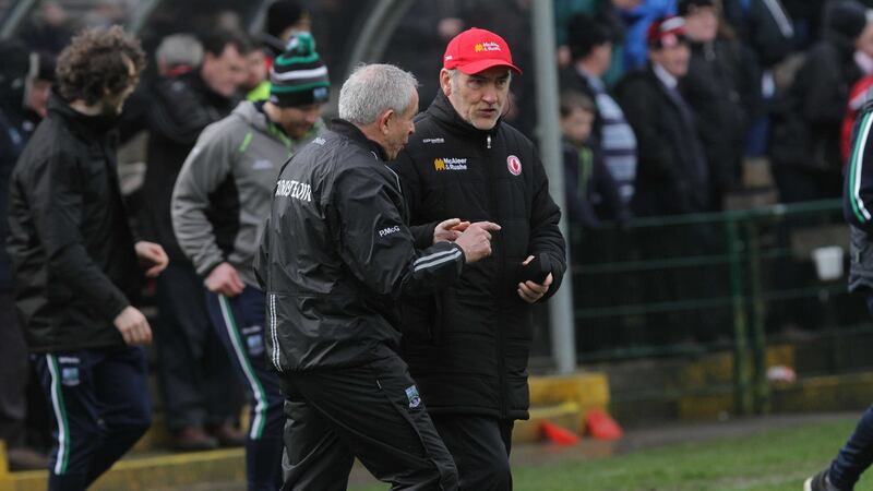 Tyrone manager Mickey Harte with Fermanagh boss Pete McGrath after Sunday's league game at Brewster Park <br />Picture by Colm O'Reilly &nbsp;