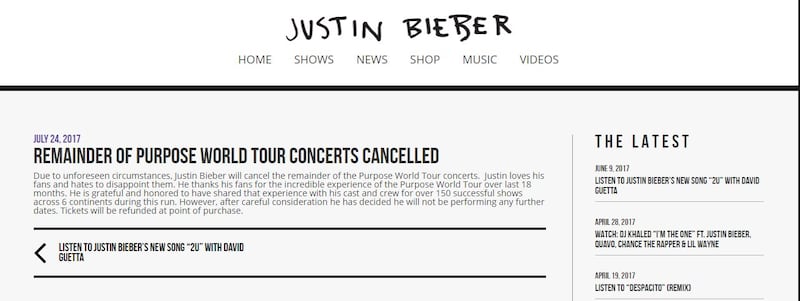 Justin Bieber cancels rest of world tour