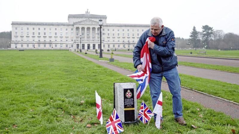 TUV candidate John Ross unveils the unauthorised centenary stone at Stormont. Picture by Peter Morrison/PressEye 
