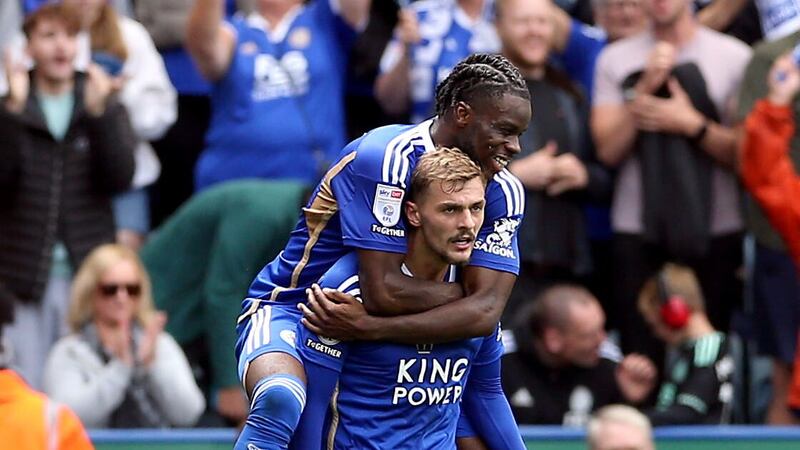 Leicester’s Kiernan Dewsbury-Hall celebrates scoring the winning goal (Barrington Coombs/PA)