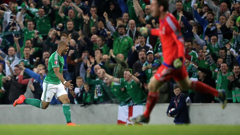 Josh Magennis scores the second goal for the North against Greece at Windsor Park on Thursday<br />Picture: Pacemaker &nbsp;