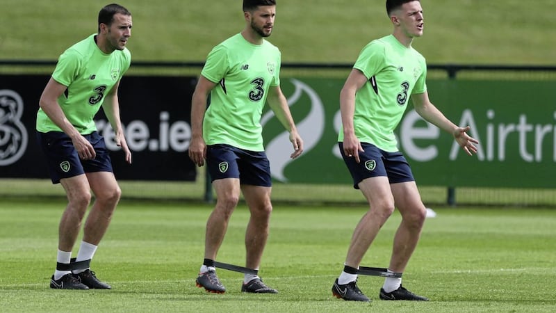 Declan Rice (right) alongside John O&#39;Shea and Shane Long during a Republic of Ireland training session last year. Picture by PA 