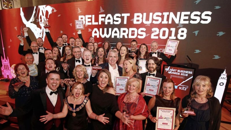 SMILE PLEASE - posing for a selfie are winners and hosts of the 2018 Belfast Business Awards, held in St Anne&#39;s Cathedral 