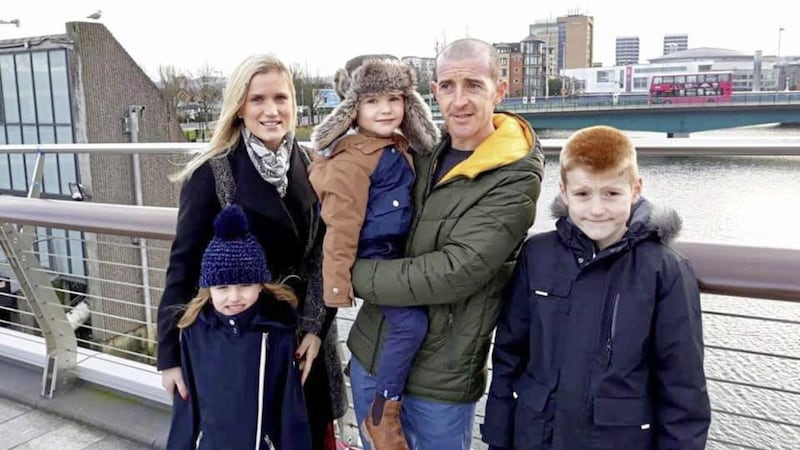 Ruth Maguire, left, with her fianc&eacute; James Griffin and children Tyler (10), Lydia (7) and Oliver (5), and right, with her sister Rachel Wilkinson 