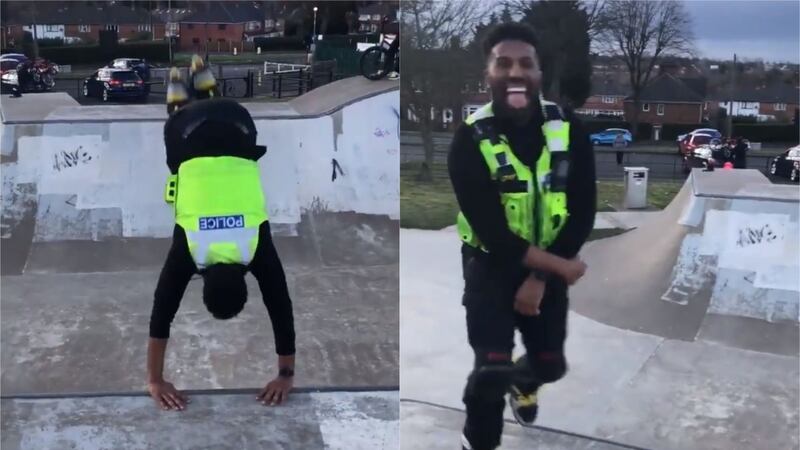 Pc Washington performed tricks at a local park in Birmingham in his uniform.