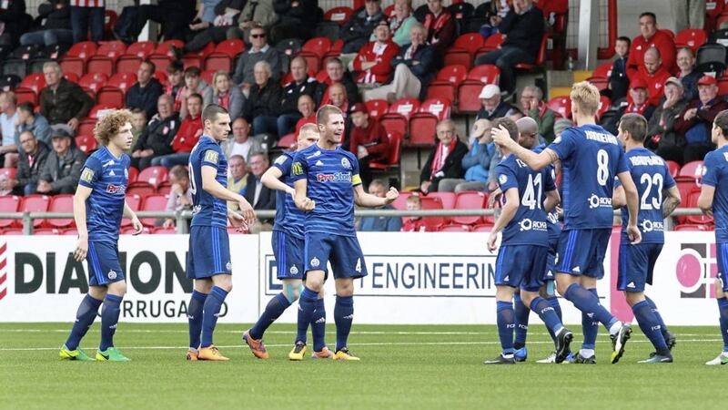 Nino Galovic of Dinamo Minsk (4) celebrates his early goal against Derry City at Brandywell Picture by Margaret McLaughlin 